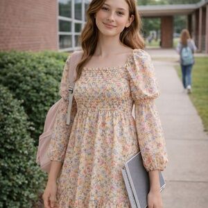 Francesca’s Multicolor Floral Smocked Long Sleeve Dress – Youth 12